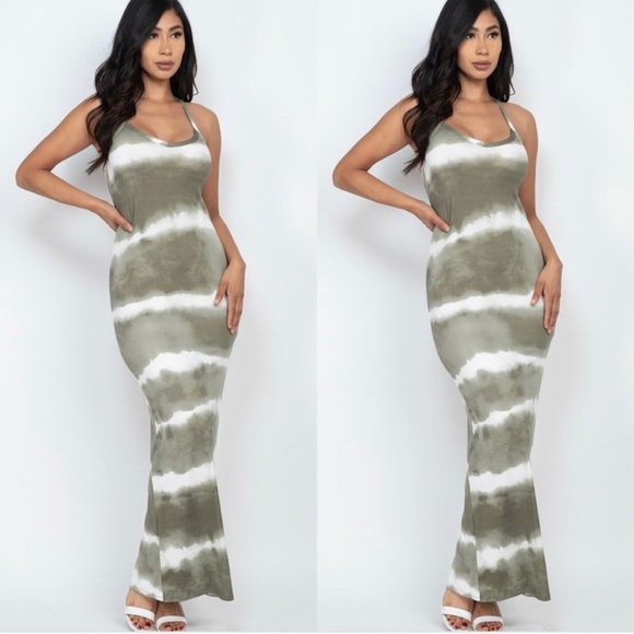 NEW ARRIVAL WOMEN MUSTARD YELLOW STRIPE TIE DYE RACERBACK TANK TOP MAXI DRESS - Picture 6 of 9